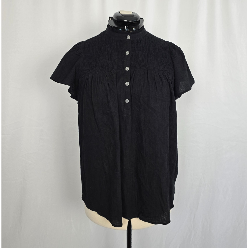 Style & Co Cap Sleeve Blouse Women's 0X Black Henley Mock Smocked Top NWT